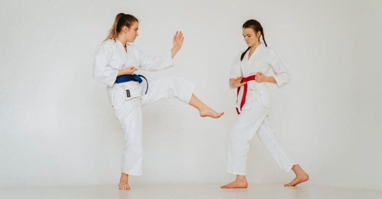Two students performing partner drills during martial arts training for beginners